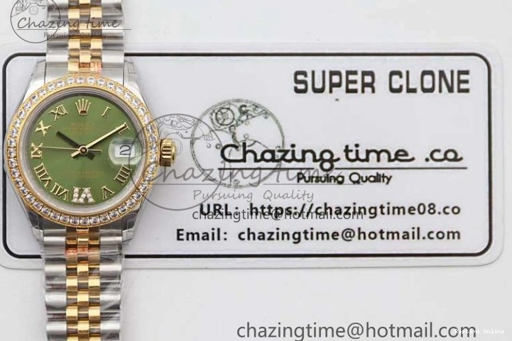 1219 Bright Lady DateJust 28 SS YG TWF Diamonds Bezel 1:1 Best Edition Green Dial Roman Markers on Jubilee Bracelet NH 2135